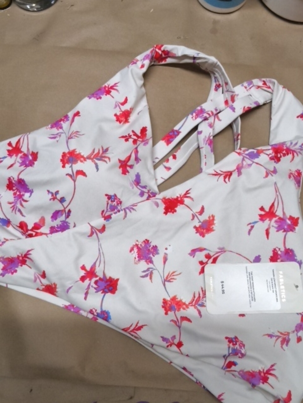 Fabletics White Camisole with Pink & Red Floral Print